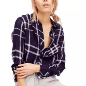 Rails Charli FP Shirt Womens Medium Blue Plaid  Button Up Boho Beach Linen Blend